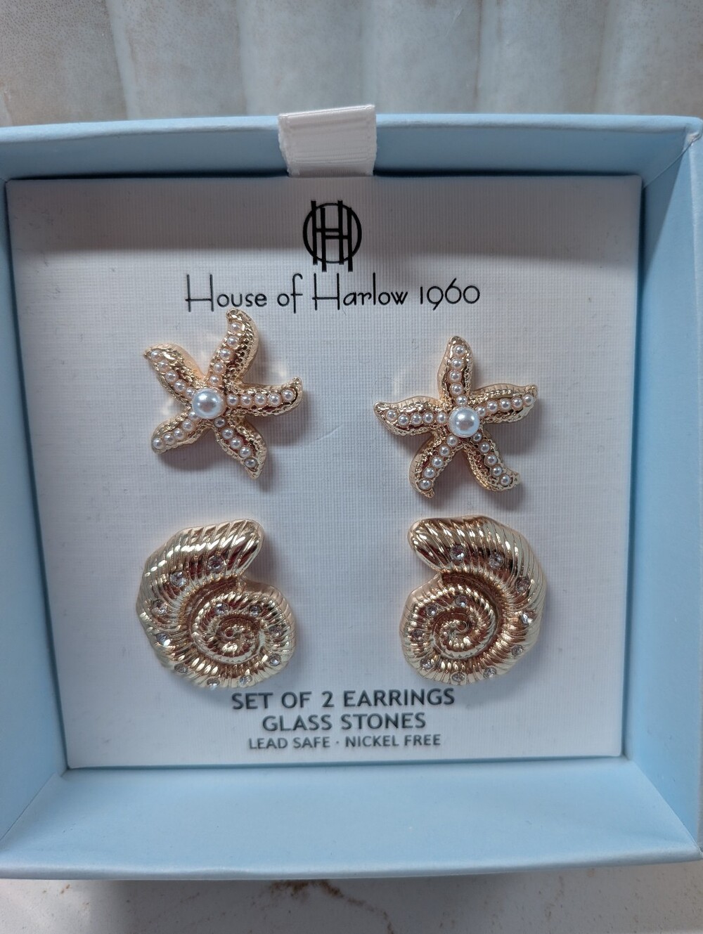House of Harlow 1960 Gold Starfish & Shell Earring Set, NWT!